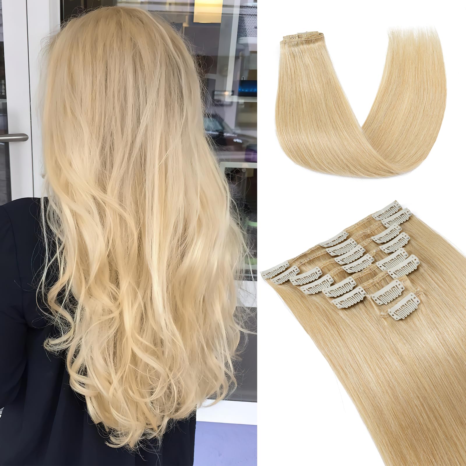 UK-Fashion-Shop Human Hair Extensions Clips in Real Hair Extension 8pcs 18 clips Long Straight Natural 10inch(50g)#24 Natural Blonde — image 1