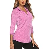 Koscacy Women's 3/4 Roll Sleeve Golf Tennis Polo Shirts UPF50+ Half Zip Dry Fit Workout Tops Athletic Shirt