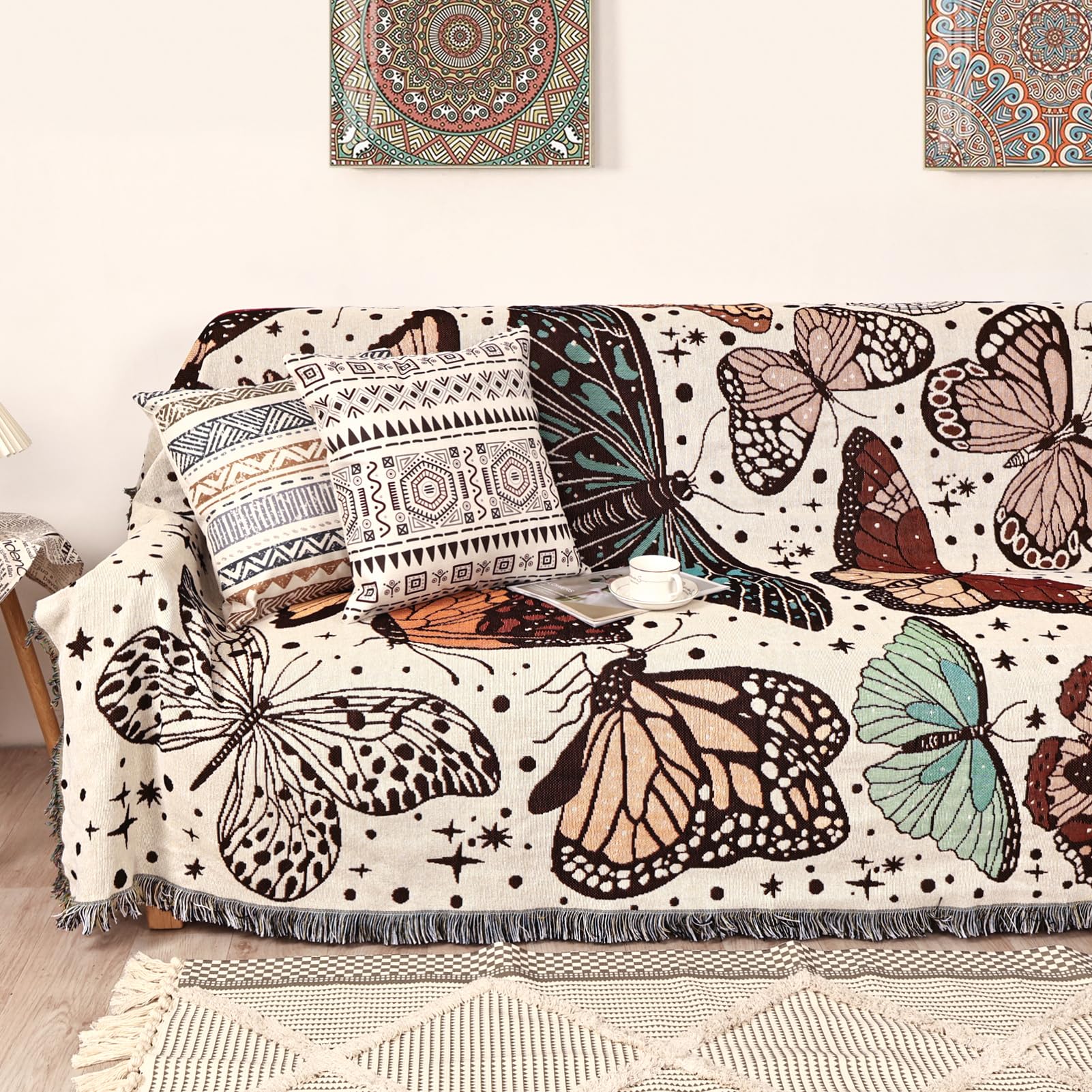 Photo 1 of Shesyuki Boho Throw Blanket for Bed Couch Sofa Reversible Cotton Bohemian Travel Boho Quilt Mexican Muslin Blanket Tapestry Hippie Room Decor Outdoor Blanket Double Sided (Month Moth Print 60"x80")