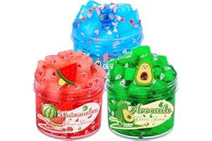 JIGEJUNFA Clear Slime Crunchy Crytal Slime Kit, Jelly Cubes Blue Clear Slime Pink Heart Add Ins, Watermelon Avocado Green Fruit Slices, Premade Slime Set for Girls Boys 10-12, Stress Relief Toys Party Favors