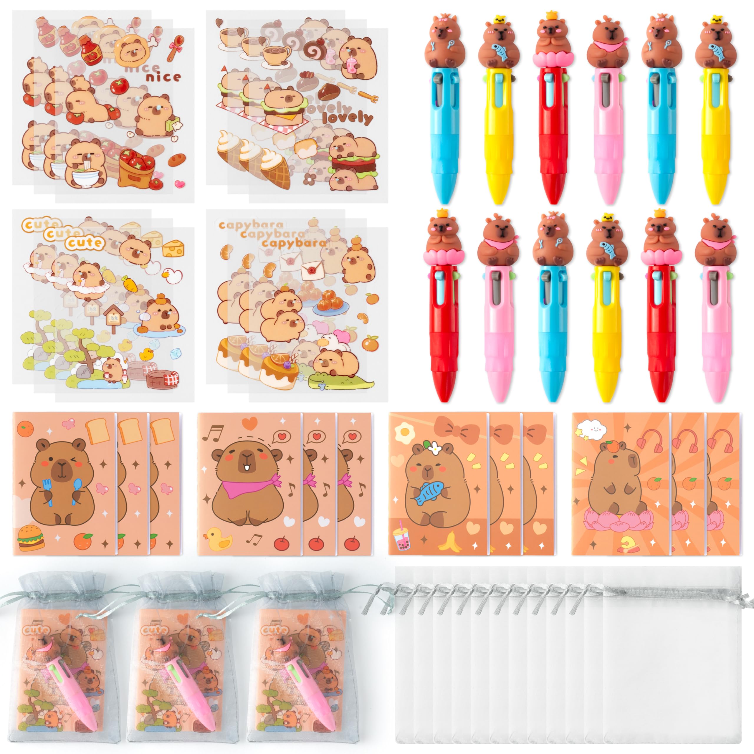 YINGENIVA Capy Stationery Party Gift - 12 Pack Fun Animal Prizes Set Include 4-in-1 Ballpoint Pens Mini Notebook and Organza Birthday Party Favors Goodie Bag Fillers Stuffer for School Rewards โ image 1