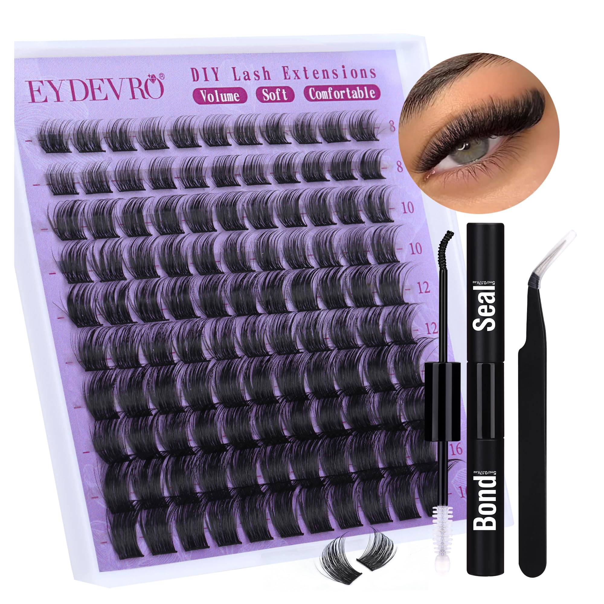 EYDEVRO D Curl Cluster Lashes DIY Lash Extension Kit - Individual Clusters, Wispy Eyelash Extensions 8-16mm with Lash Bond and Seal, Tweezers (0.07D, 8-16mm, D Curl) — image 1
