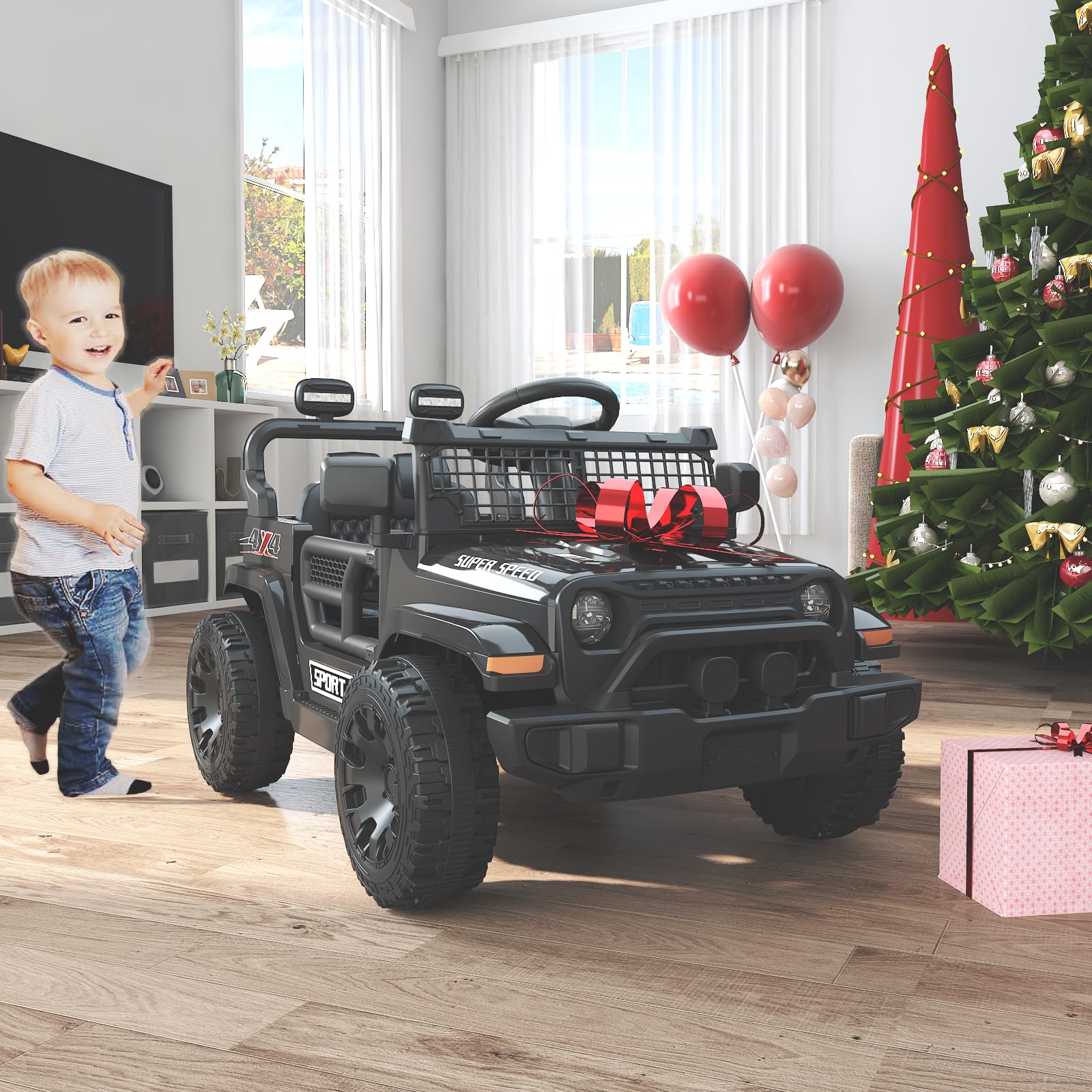 TRINEAR 12V Ride on Truck Car with Parent Remote Control, Electric Toys with Spring Suspension, LED Lights & Music Player - Safe Toddler Battery Car for Kids, Easy to Assemble, Black