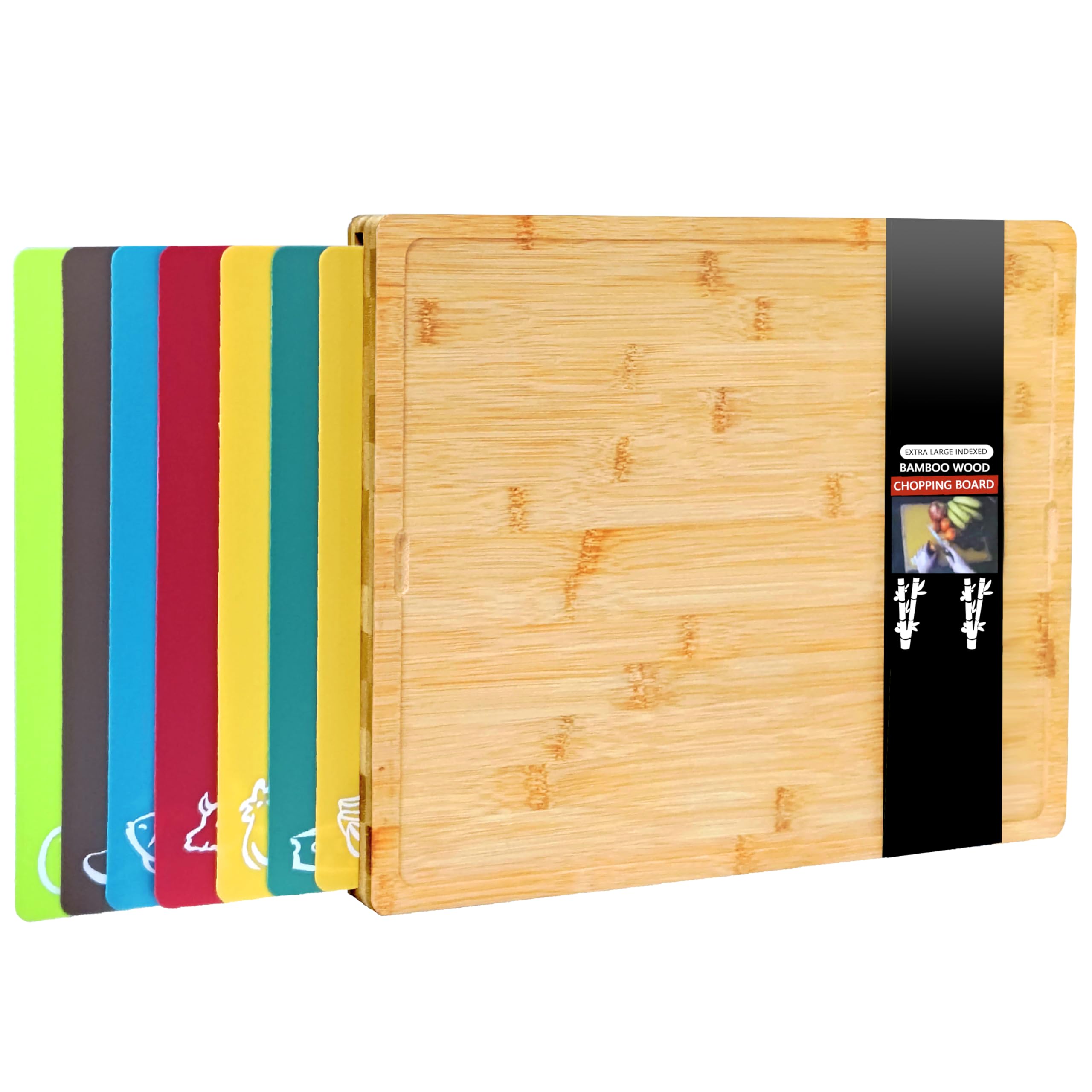 Winged Sirius 8 in 1 Extra Large Bamboo Wooden Chopping Boards Set with 7 Colour Coded PP Mats (Meat Bread Fish Cheese Dairy) Organic Antibacterial Odour Resistant Dishwasher Safe (42 X 34 X 3.5cm)