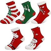 SPTRAMLE Christmas Socks for Kids, 5 Pairs Toddler Crew Socks for Girls Boys 1-12 Years, Children Xmas Holiday Mid Cut Sock