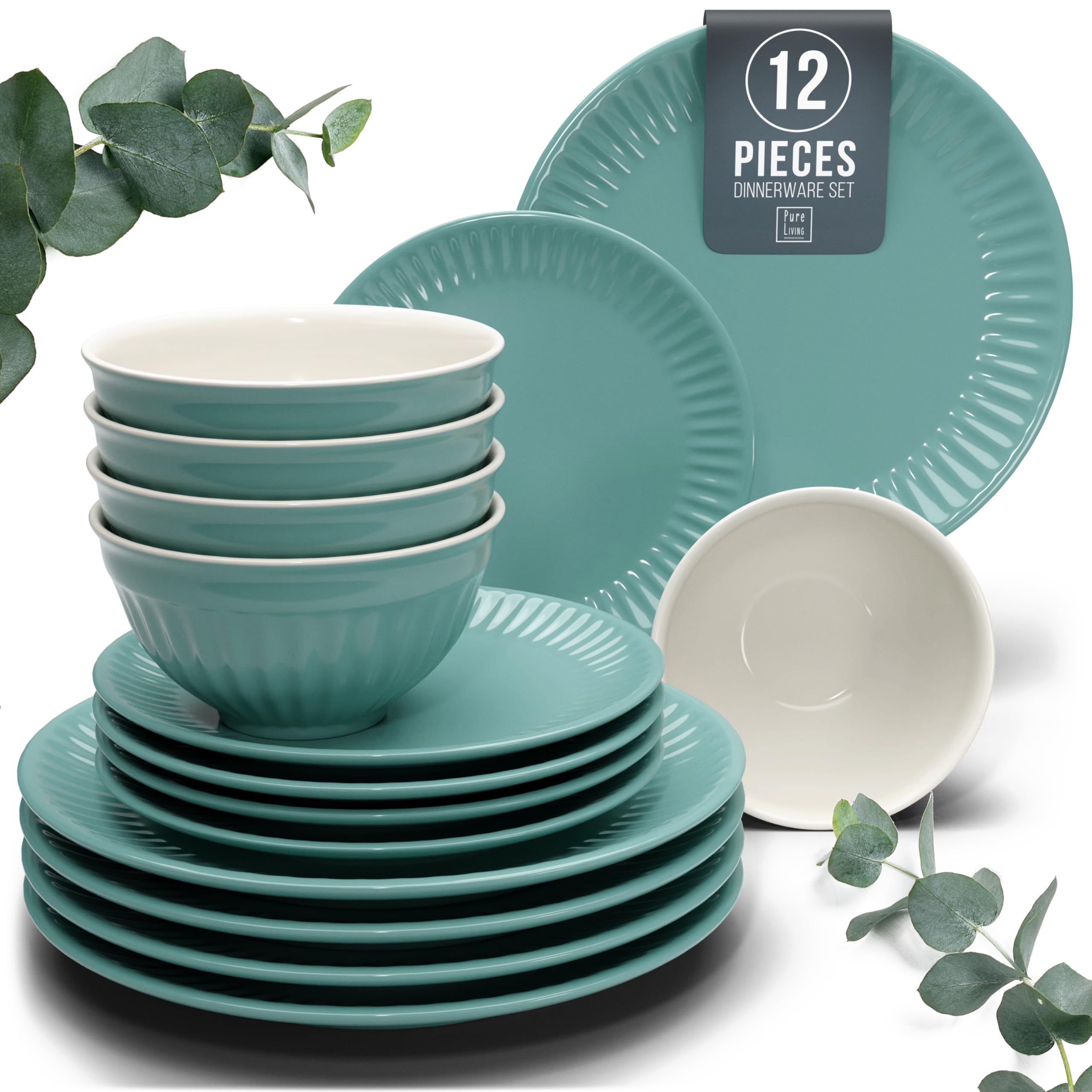 Stoneware Dinnerware Set for 4 People HYGGE 12-Piece - Elegant Scandi Design - Premium Dish Set - Bowl and Plate Set - Tableware for 4 People in a Ribbed Design - Pure Living in Green Image