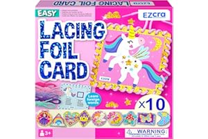 EZCRA Premium Foil Edge Lacing Cards for Kids Ages 3-6 | 10 Double-Sided Unicorn and Fairy Sewing Cards with Multilingual Learning | Durable Cardboard Fine Motor Skills Activity Kit