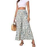 GAMISS Flowy Wide Leg Pants for Women 2025 Loose Fit with Pockets Trousers Elastic Waisted Green Leaf Printed Lounge Pants S