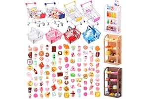 Rotatingpals 161 Pcs Mini Shopping Cart Basket with Food Miniature Grocery Supermarket Trolleys Doll House Accessories Drink Bottle Kids Toy Cosplay Game for Party Accessory(Stylish Colors)