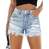 CMGL Women's Ripped Stretchy Jean Shorts Denim Mid Rise Summer Raw Hem Casual Jorts