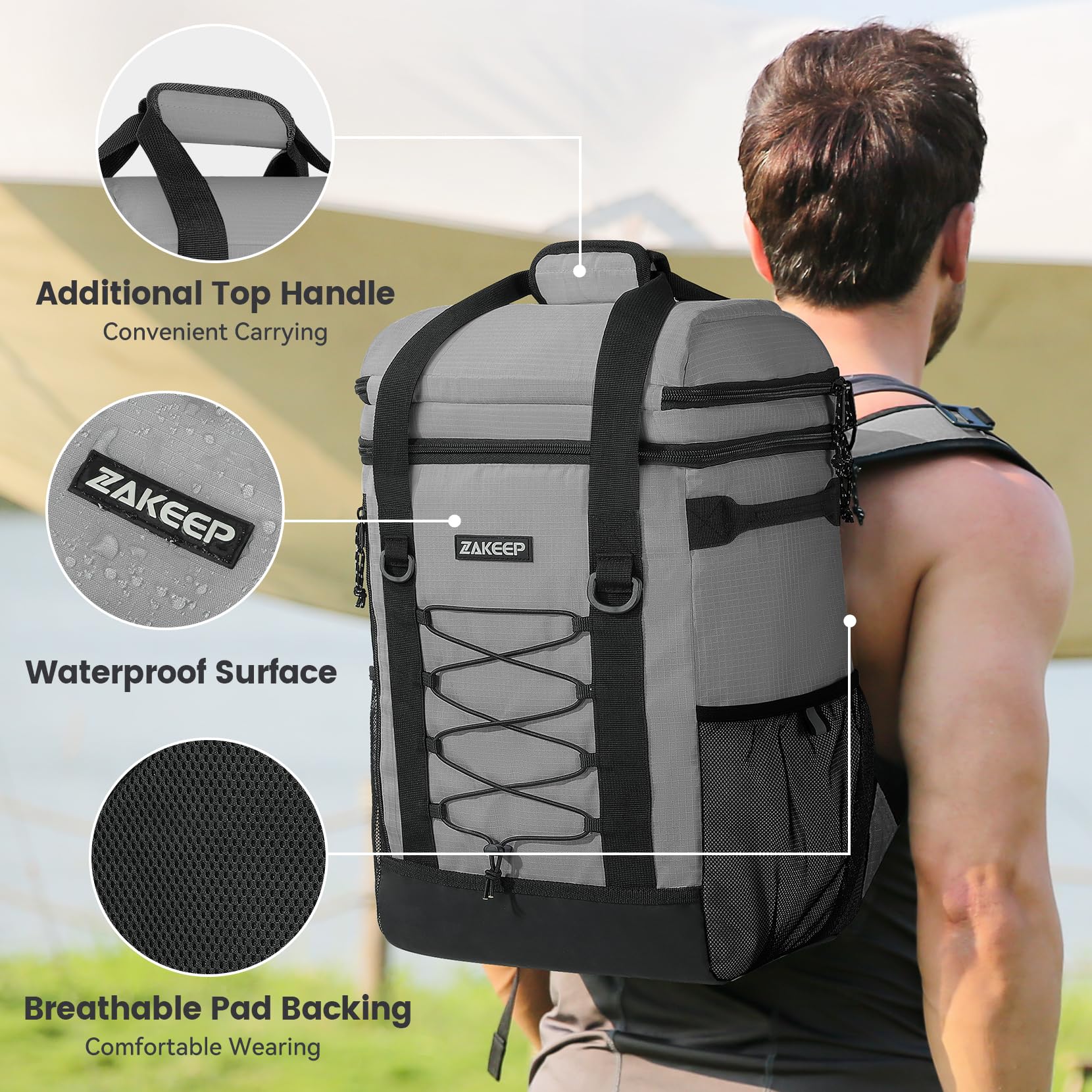 ZAKEEP Cooler Backpack, 36 Cans Multifunctional Leakproof Cooler Backpack with Padded Top Handle, Mesh Pocket for Camping BBQ