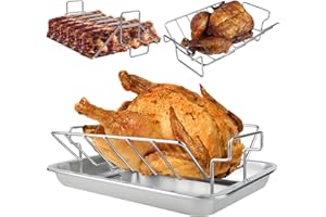 KEESHA Turkey Roasting Rack, Large 304 Stainless Steel V Rack for Roasting Turkey and Rib, BBQ Rib Rack for Oven, Big Green Egg and Kamado Joe with Stainless Steel Roasting Drip Pan