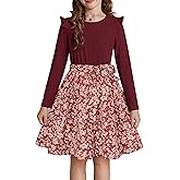 GRACE KARIN Girls Fall Long Sleeve Dresses Girl Floral Midi Dress Kids Casual Holiday Dresses with Belt Size 6-13
