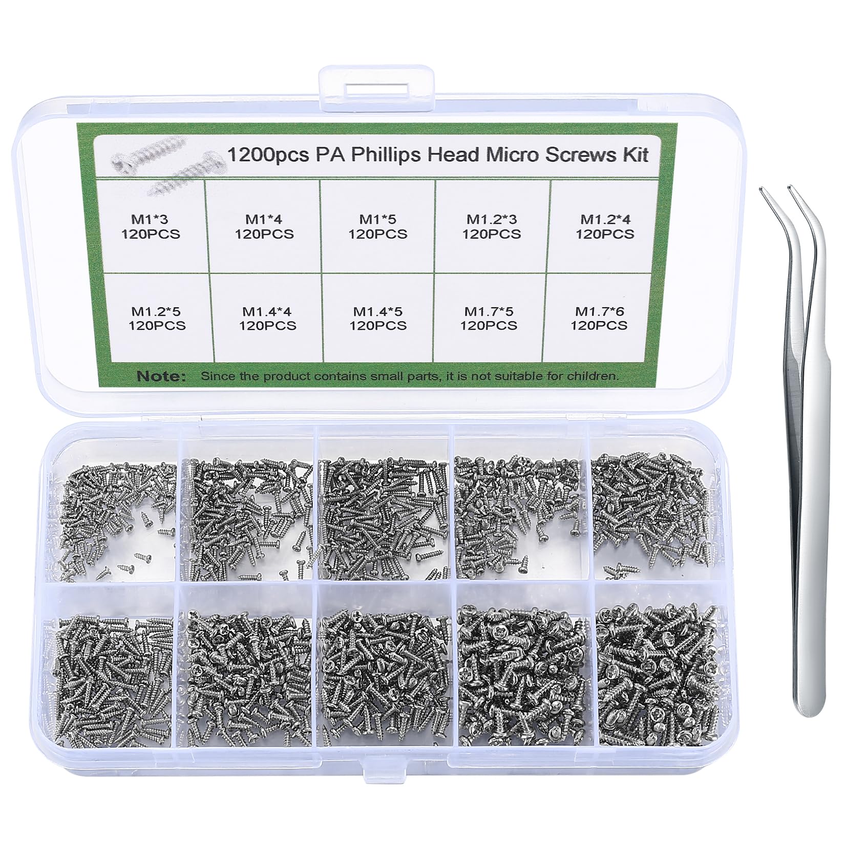 1200 Pcs Phillips Pan Head Self-Tapping Screws, M1/M1.2/M1.4/M1.7 Carbon Steel Round Head Self-Drilling Wood Screws Fasteners Assortment Kit, Nickel Plated