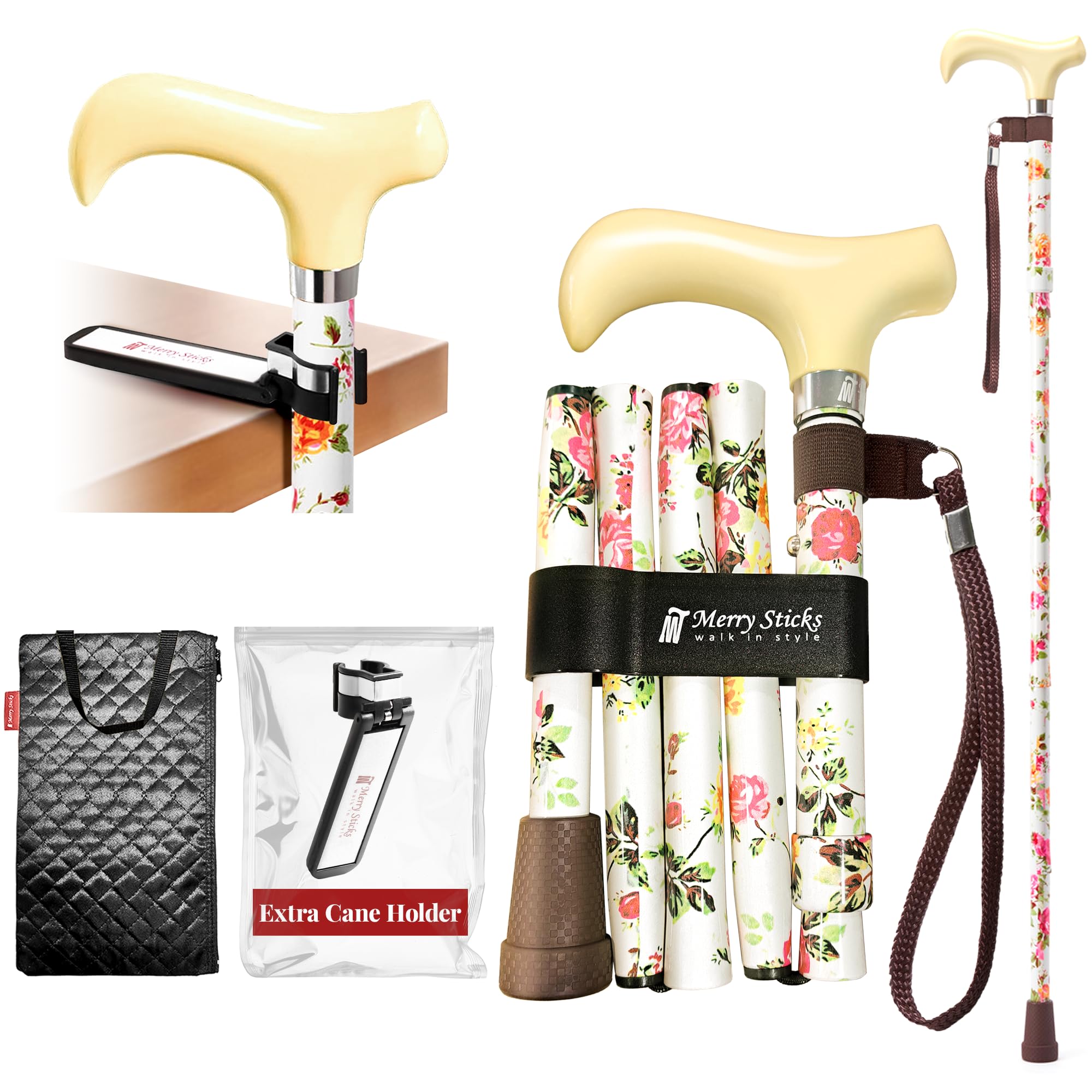 [Combo] Merry Sticks Lightweight Foldable Walking Canes for Women and Men, Adjustable & Collapsible Walking Stick for Seniors, Includes Cane Bag & Smart Reflective Cane Holder - Cream Flowers