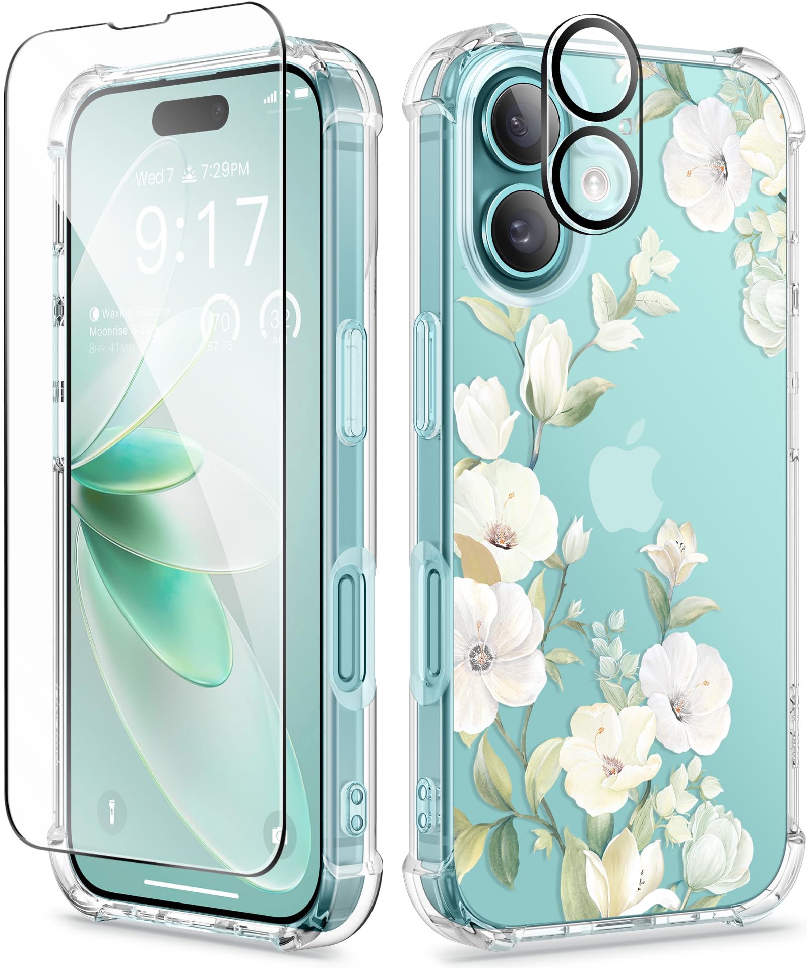GVIEWIN Compatible with iPhone 16 Plus Case 6.7" 2024 with Screen Protector&Camera Lens Protector, Clear Floral Anti-scratch Shockproof Drop Protection Cover for Women Girl,Hibiscus/Green