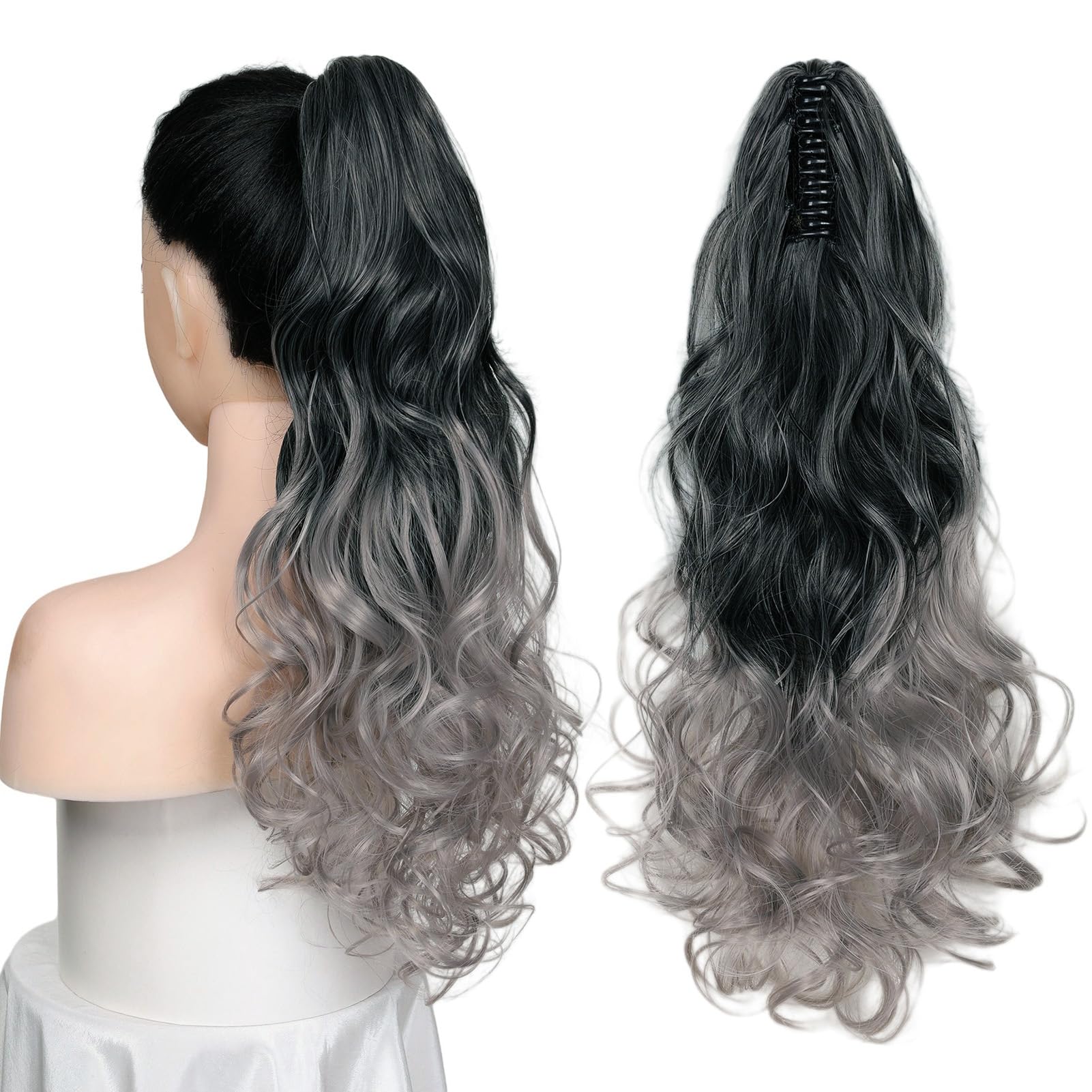 Cybelleza Ponytail Extension Curly Wavy Claw Jaw Pony Tail Clip in Hair Extensions Hairpiece Synthetic Long for Women (Black Ombre Grey) — image 1