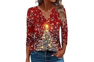 Women's Oversized Christmas Shirt Sparkling Xmas Tree Graphic Fashion Tops 3/4 Sleeve V Neck Blouses Holiday Casual T Shirts
