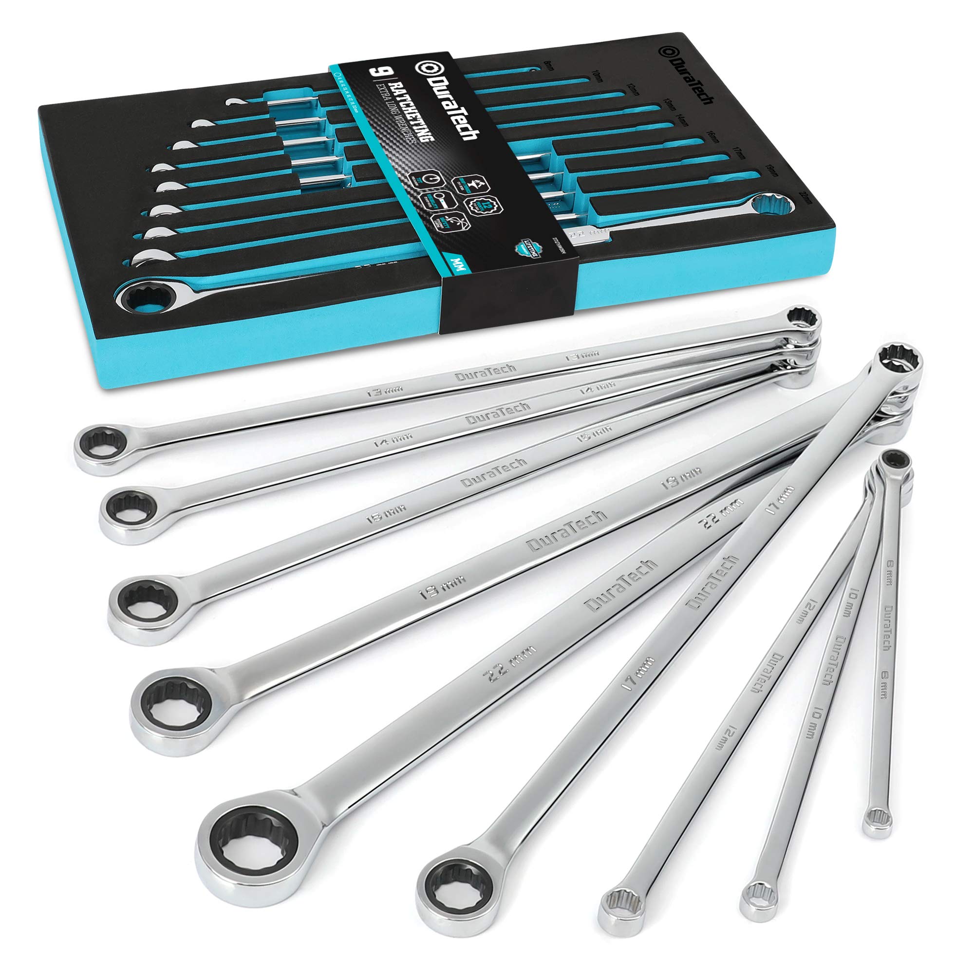 Juego de llave de llave de trinquete extra de duratech, juego de llave de extremo de caja doble, métrica, 9 piezas, 8,10,12,13,14,16,17,19,22 mm, acero CR-V, con organizador de herramientas de espuma EVA