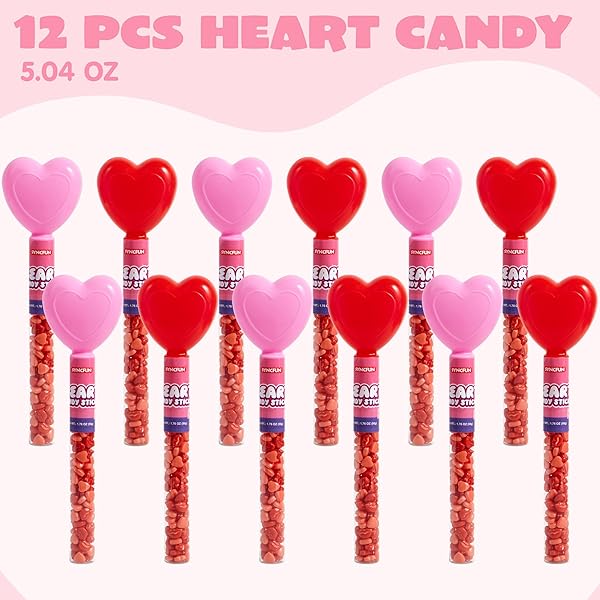 SYNCFUN 12PCS HEART SHAPE RED HARD CANDY WITH TUBE BUNDLE INDIVIDUALLY WRAPPED, SNACKS TINY STICK FOR PARTY FAVOR, REWARD PRIZES