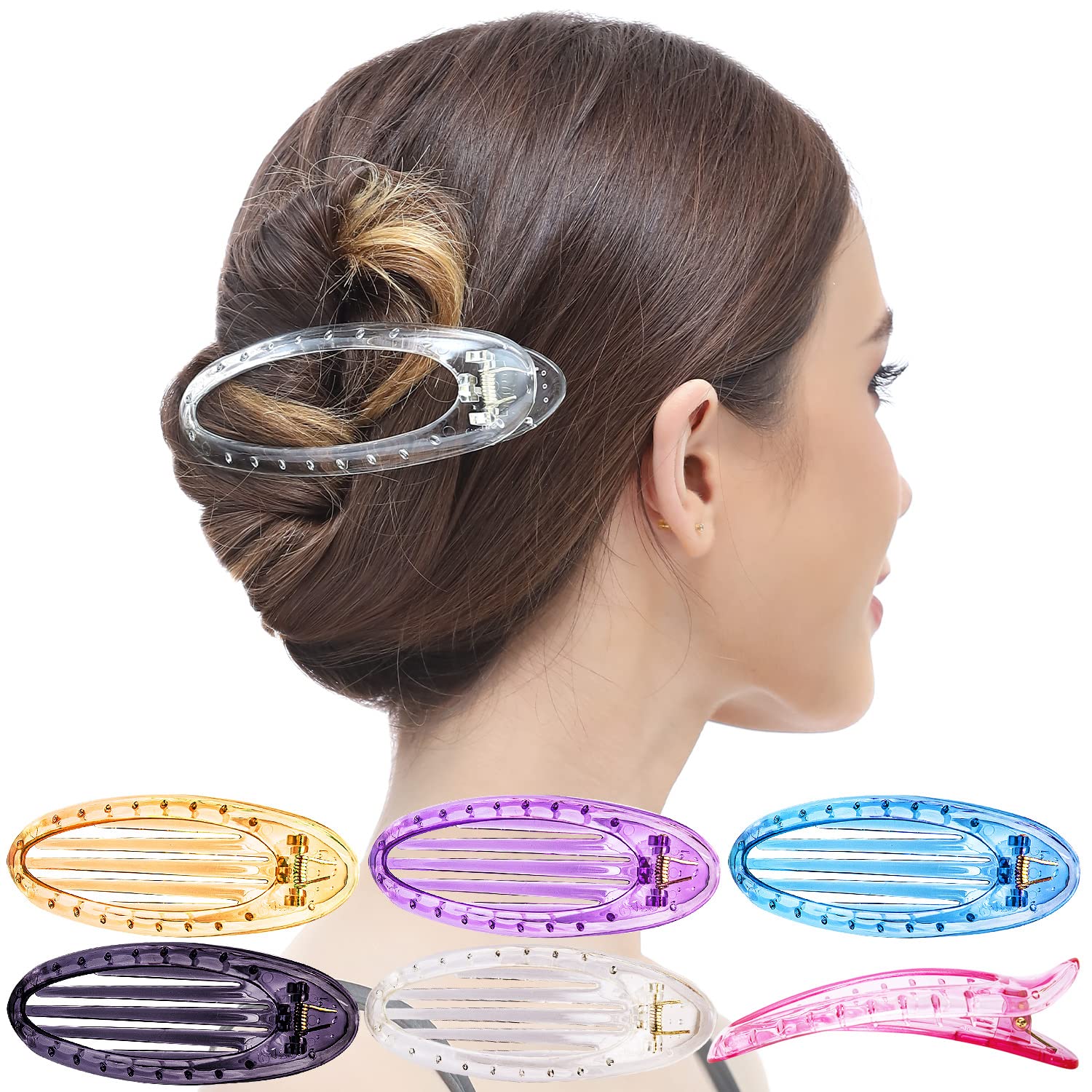 RC ROCHE ORNAMENT 6 Pcs Hair Clip Classic Oval Side Opening Slide Plastic Curve Flat Comb Inner Teeth Clamp Barrette Girls Ladies Beauty Accessory Grip, Large Transparent Multicolor