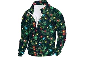 Mens Christmas Sweatshirt Trendy 2024 Stand Collar Zipper Long Sleeve Reindeer Xmas Tree Print Fall Pullover Tops