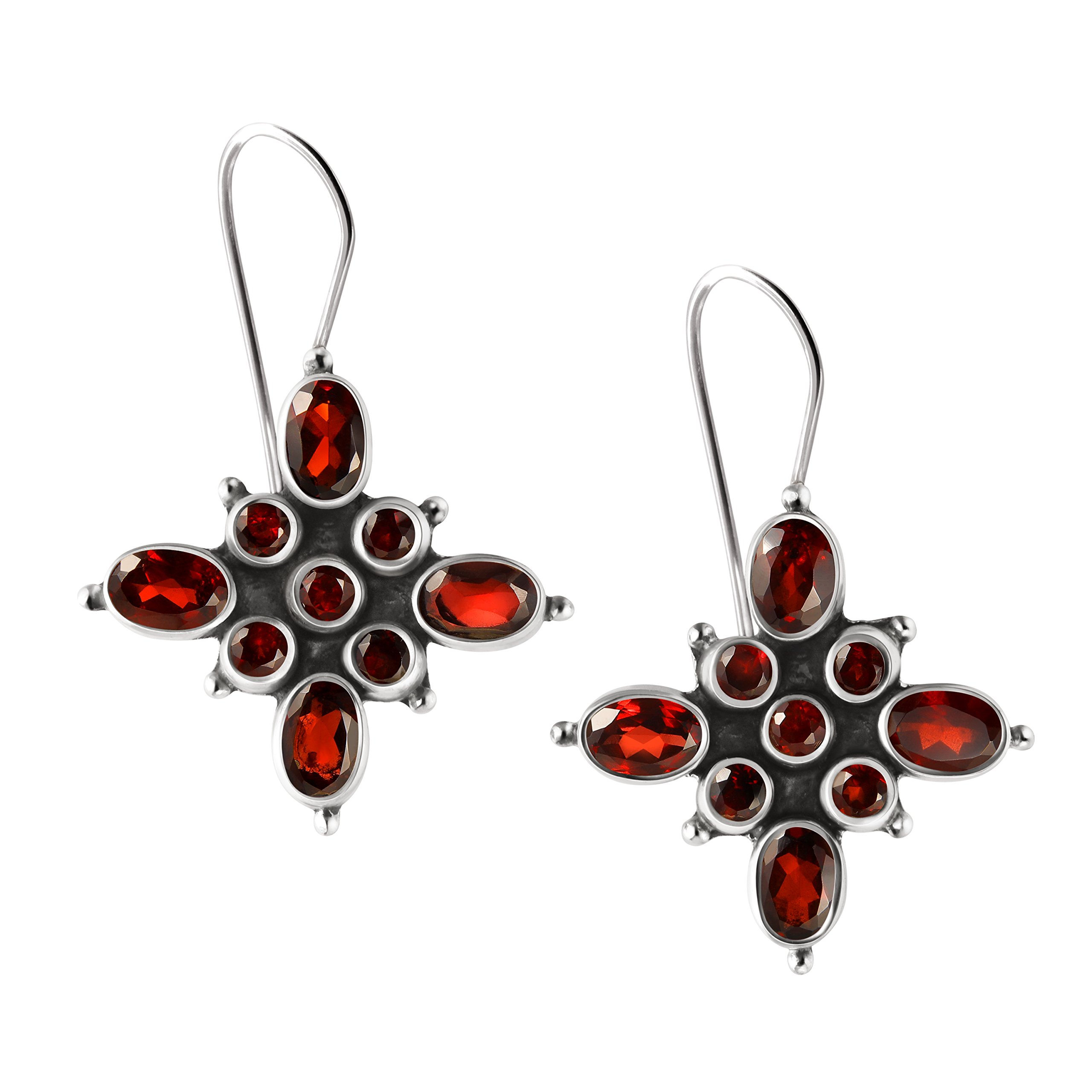 Franki Baker Natural Red Facetted Garnet Gemstone Dangle Drop Earrings. 925 Sterling Silver. Oxidised Finish. Length: 3.5cm