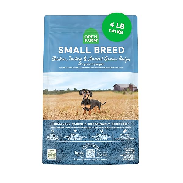 OPEN FARM, ANCIENT GRAINS DRY DOG FOOD FOR SMALL BREEDS, PROTEIN-RICH & NUTRIENT DENSE, 90% ANIMAL PROTEIN WITH NON-GMO FRUITS, VEGGIES AND SUPERFOODS, CHICKEN & TURKEY RECIPE FOR SMALL DOGS, 4LB BAG