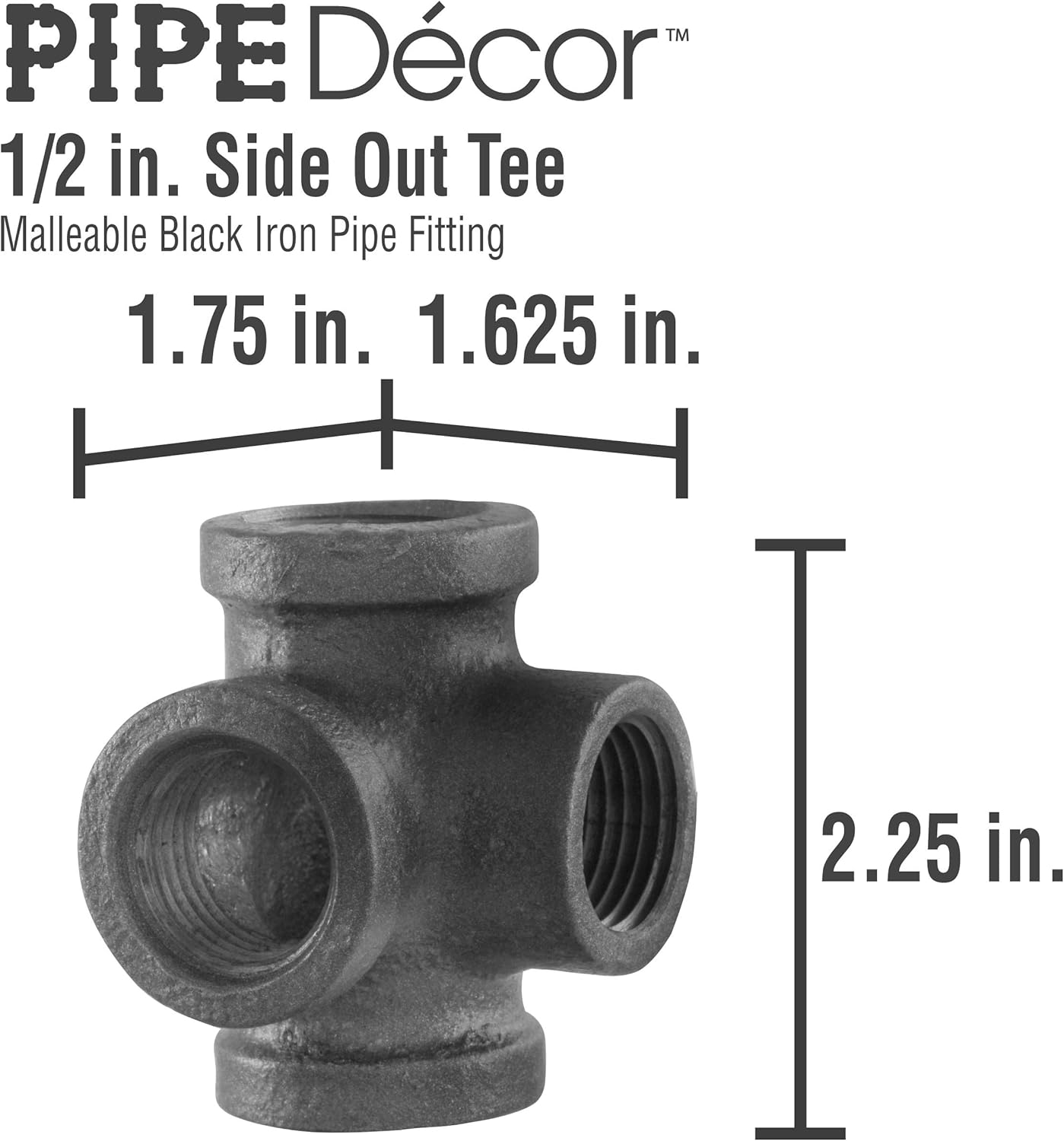 1/2 Inch Side Outlet Tee (4-Way) Industrial Cast Iron Pipe Fitting 8 Pack by Pipe Decor, Pipe Components For Building Tables, Chairs, Shelving, and Custom Furniture, Fits Half Inch Pipes, Eight Pack - - 