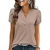ANRABESS Womens Petal Short Sleeve Henley Shirts Summer 2026 V Neck Dressy Casual Blouses Spring Business Work Tunic Tops