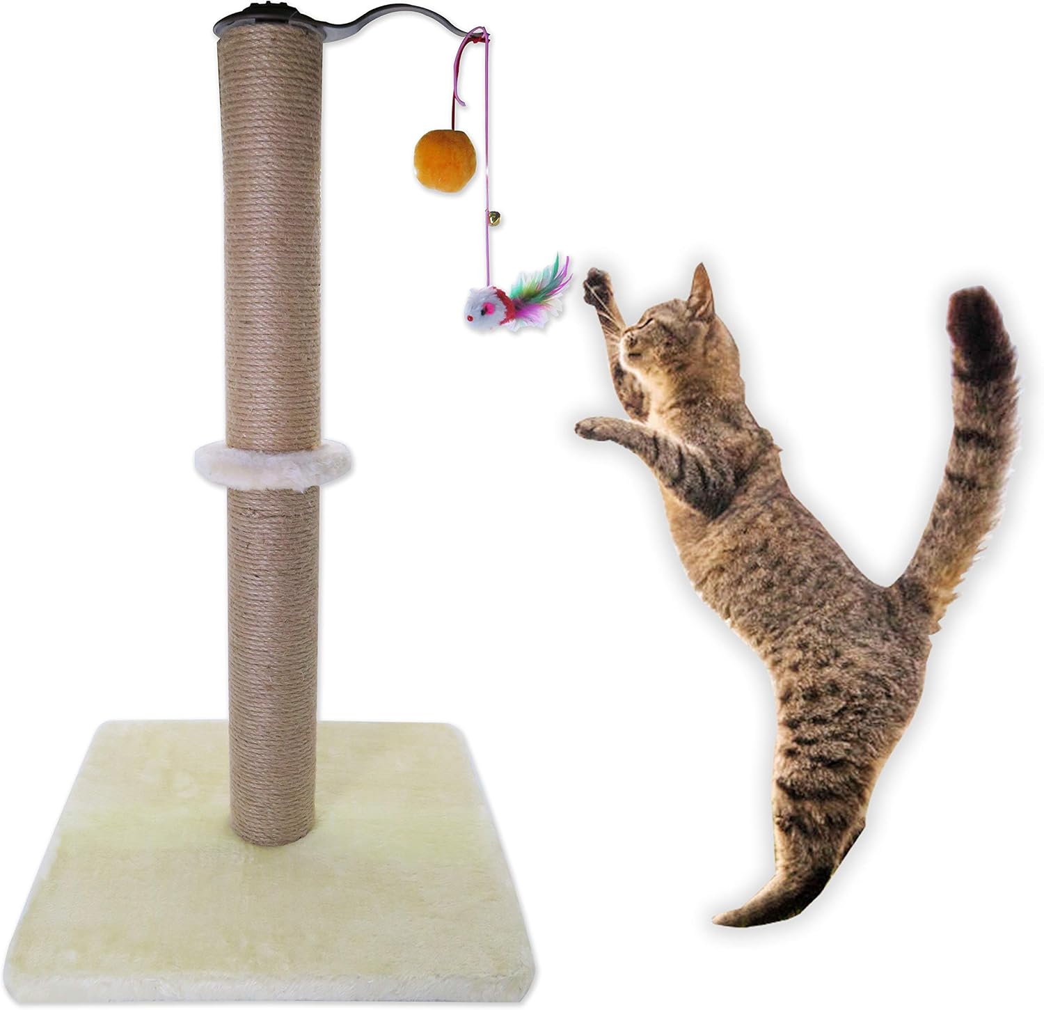 Littlefun Cat Scratching Post Kittens Interactive Play Toys, Plush Sisal Scratch Pole Cat Kitten Scratcher (Beige, Cylinder) - Image 4