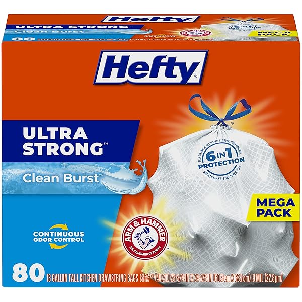 HEFTY ULTRA STRONG 13 GALLON TRASH BAGS, TALL KITCHEN TRASH BAGS 13 GALLON SIZE, DRAWSTRING CLOSURE, CONTINUOUS ODOR CONTROL, WHITE, CLEAN BURST SCENT, 80 BAGS