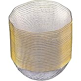PLASTICPRO 30 Pack Elegant Plastic Plates 14 ounce Bowls Clear with Gold Rim Spiral Design Disposable Plastic Dinner Bowls