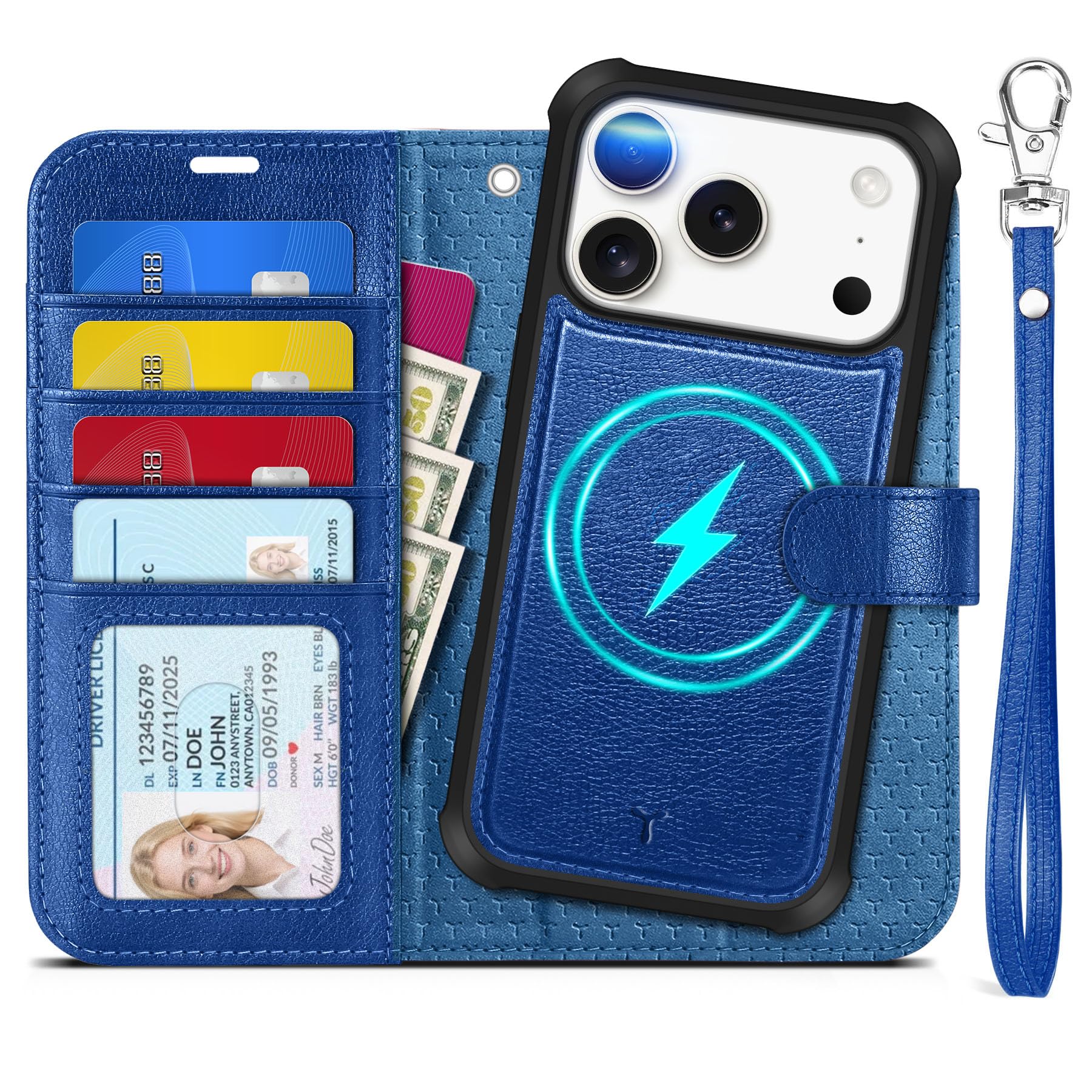 Photo 1 of TUCCH 2-in-1 Detachable Wallet Case for iPhone 17 Pro (6.3-inch) 2025, RFID Blocking 4 Card Slot | Wireless Charging | Wrist Strap | Kickstand | Magnetic | PU Leather | Protective Cover | Klein Blue