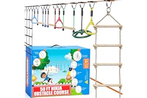 HYPONIX SPORTING Ninja Warrior Obstacle Course for Kids, 2x50 ft Slackline, 10 Weatherproof Obstacles, Up to 880 lbs, Ages 5-12, Includes Ratchet-Tight Technology, Monkey Net, Climbing, Swinging, Outdoor Backyard Fun