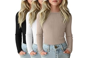 LessonZoo 3 Pack Girls Long Sleeve Shirts Ribbed Knit Cotton Layering Tops Slim Fit Crewneck Casual Undershirts