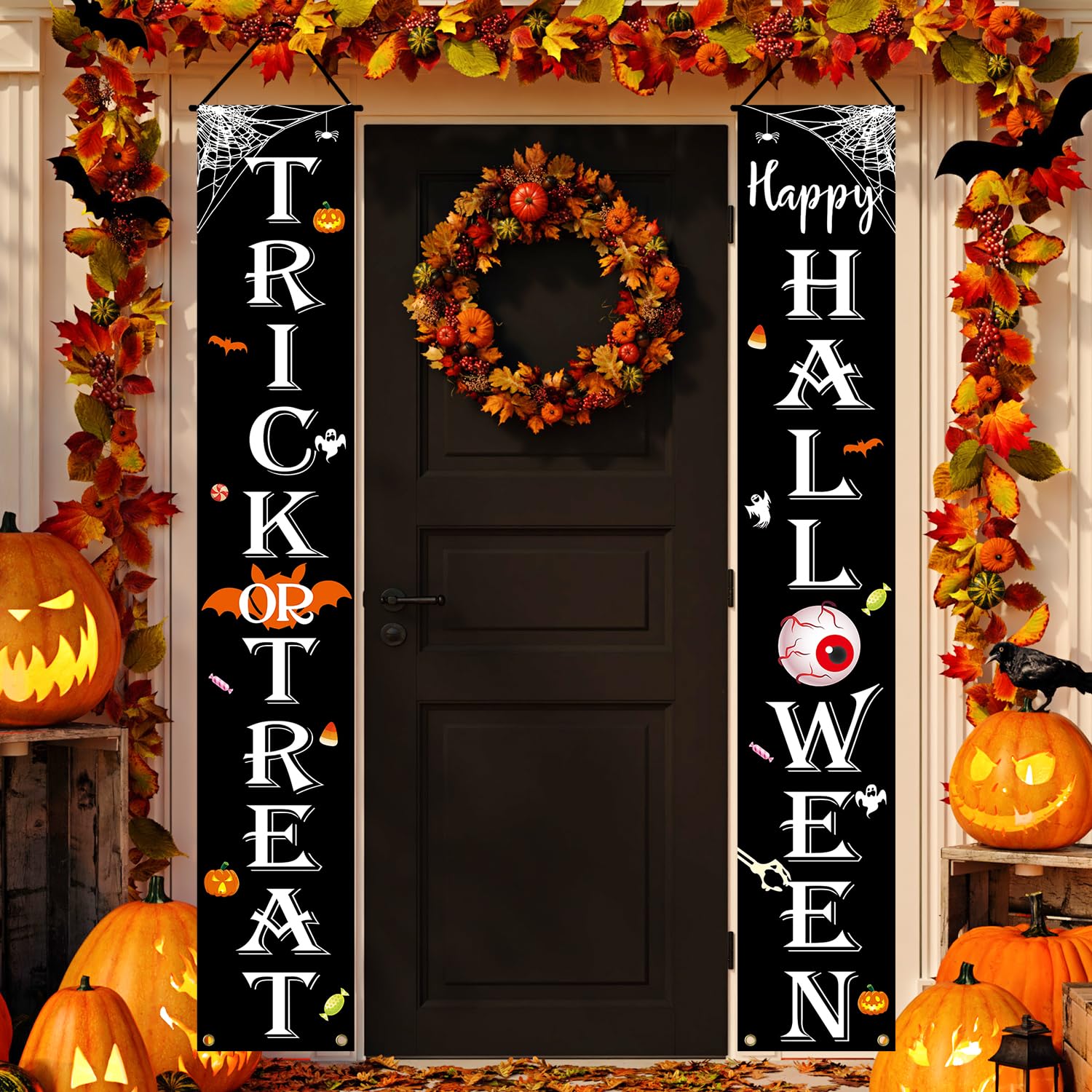 Photo 1 of ***2 PACK***JENFALL Halloween Decorations Outdoor TRICK OR TREAT Happy HALLOWEEN Banner Porch Sign Decor Halloween Door Decorations for Home Indoor Outdoor Wall Party