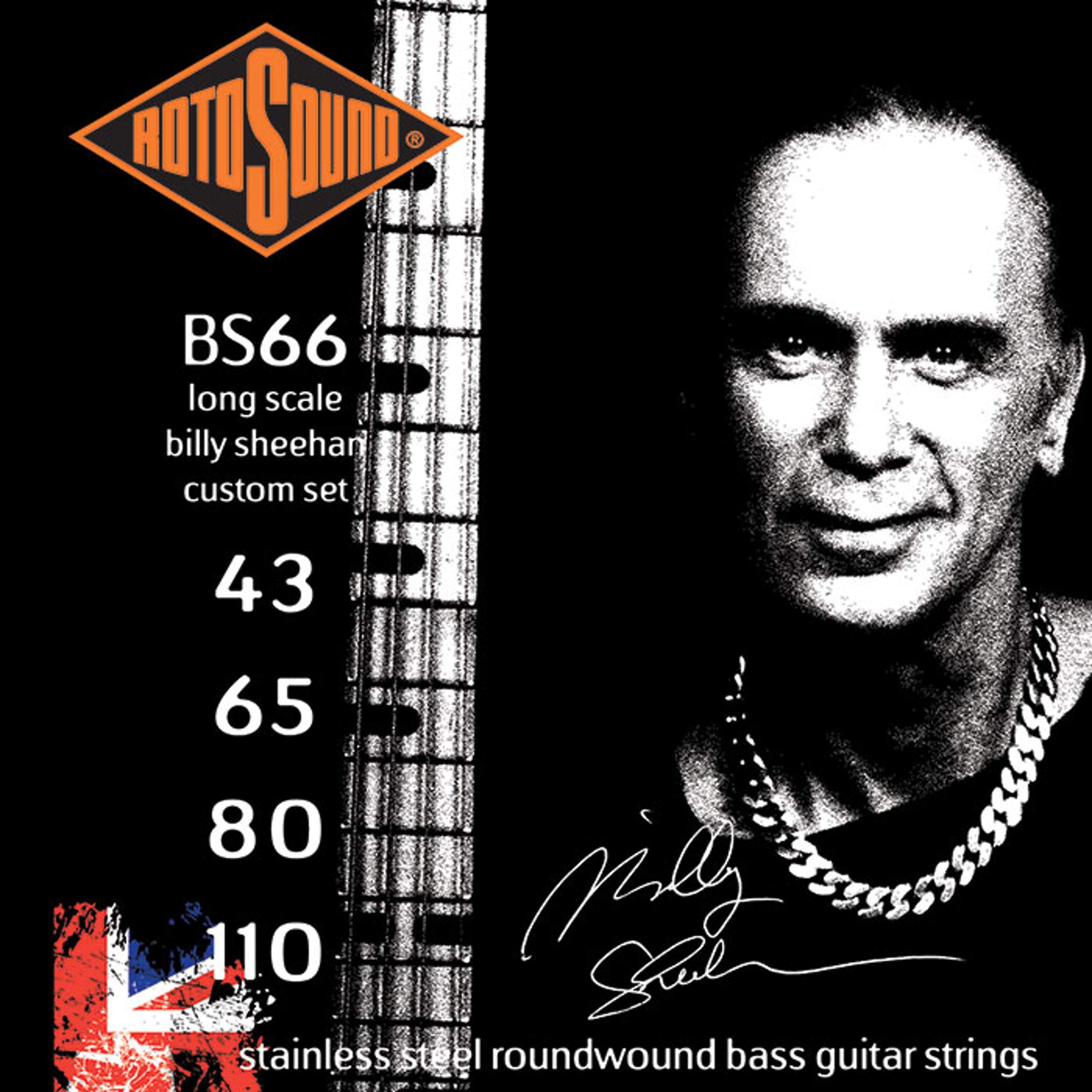 Rotosound BS66 Stainless Steel Billy Sheehan Gauge Roundwound Bass Strings (43 65 80 110), White Black Red Blue, Small Medium Large X-Large 2X-Large