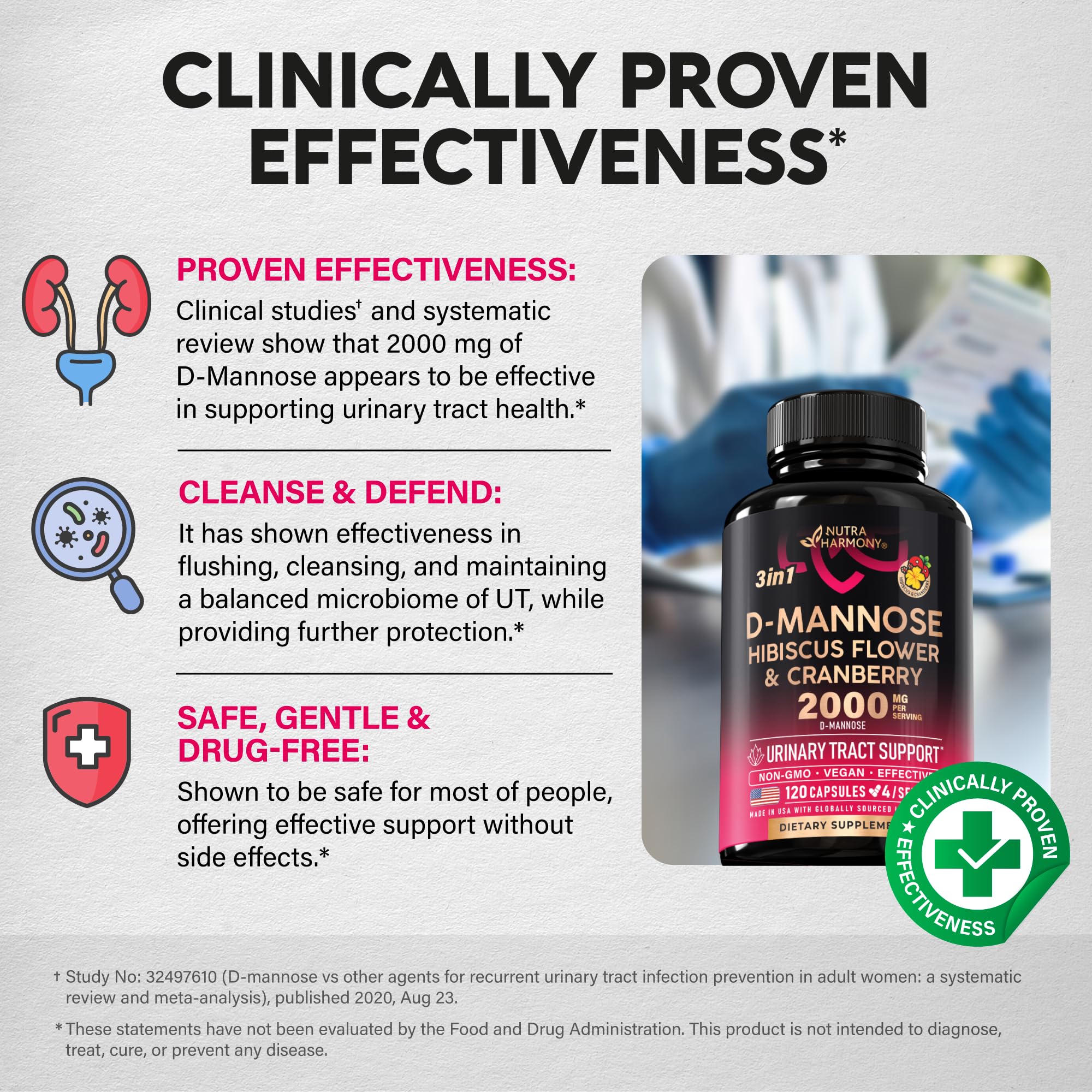 D-Mannose 2000mg with Cranberry & Hibiscus - Clinically Tested Strength for Urinary Tract Health - Supplement for Women - Bladder, Liver & Microflora Support - Made in USA - Vegan, 120 Capsules