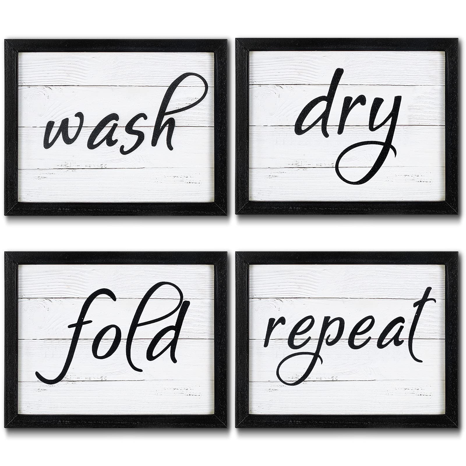 Photo 1 of 4 Pieces Funny Laundry Signs Wash, Dry, Fold, Repeat Sign Funny Laundry Room Wall Art Signs Framed Rustic Farmhouse Hanging Wood Wall Decor for Home Laundry Bathroom, 10 x 8 Inch (Black)