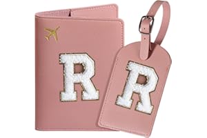 ROKOXIN Passport Cover Case and Luggage Tag Set for Women Girls, Passport Book Holder with Personalized Chenille Letter Patch, Slim Travel Wallet Bag Suitcase Identifier, Pink, R