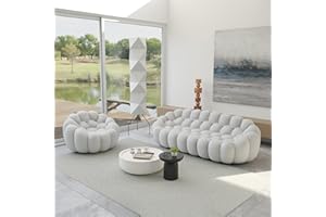 JACH 3 Seater Bubble Sofa and Single Seat Curved Couch, Comfy Upholstered Sofa, Mesh Fabric 3D Honeycomb Shape Modern Couch for Living Room, Office, Apartment, Small Space (Light Grey)