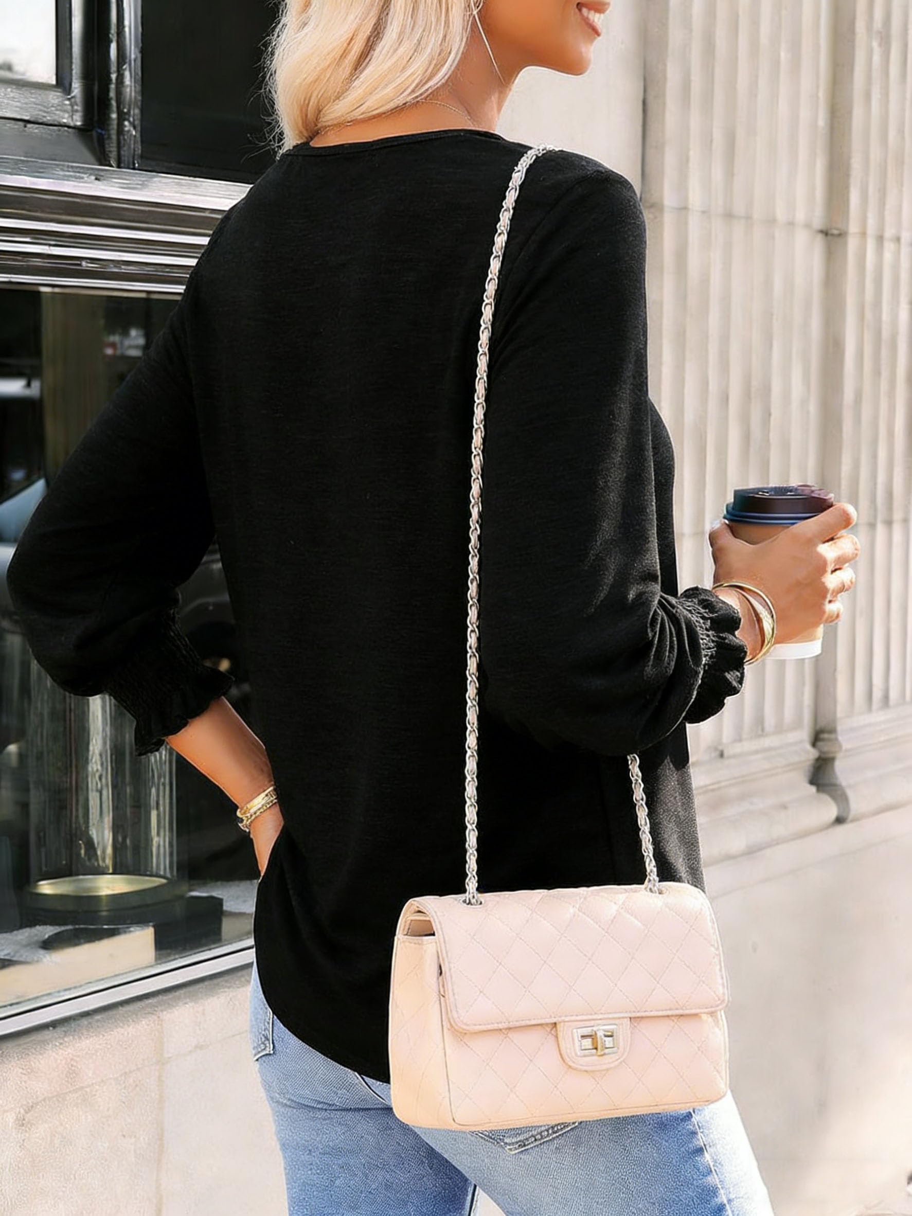 Women's Lantern Sleeves Tunic Tops Pleated Soft Casual Blouses Spring Going Out Shirts Black M