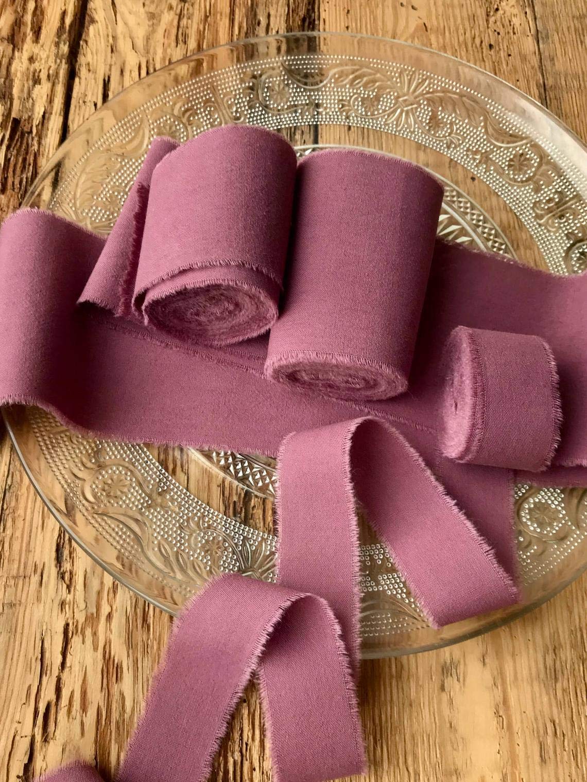 Dusty rose ribbon 2" wide 5yd cotton frayed edges hand dyed for Rustic wedding invitation ties favors gift wrapping Party decor bows Florist Bouquet supplies Flat lay styling props