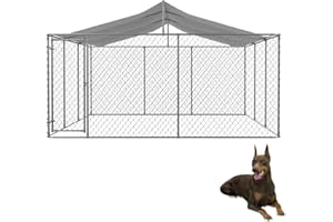 GLANZEND Large Chain Link Dog Kennel Enclosure Pen with Roof, Outdoor Dogs Cage Fence House with Lock, Anti Rust Galvanized Steel Weather Resistant for Backyard, 177.6x177.6x91.2 Inch