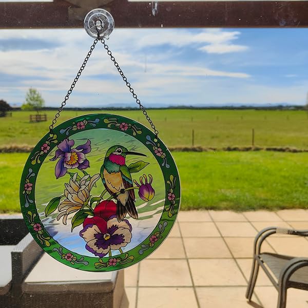 ANFURI HUMMINGBIRD STAINED GLASS SUNCATCHER ROUND, WINDOW HANGING WITH CHAIN & HOOK, GIFT-BOXED FLORAL BIRD WINDOW DECOR, GIFT FOR MOM & GRANDMA (8.6IN)