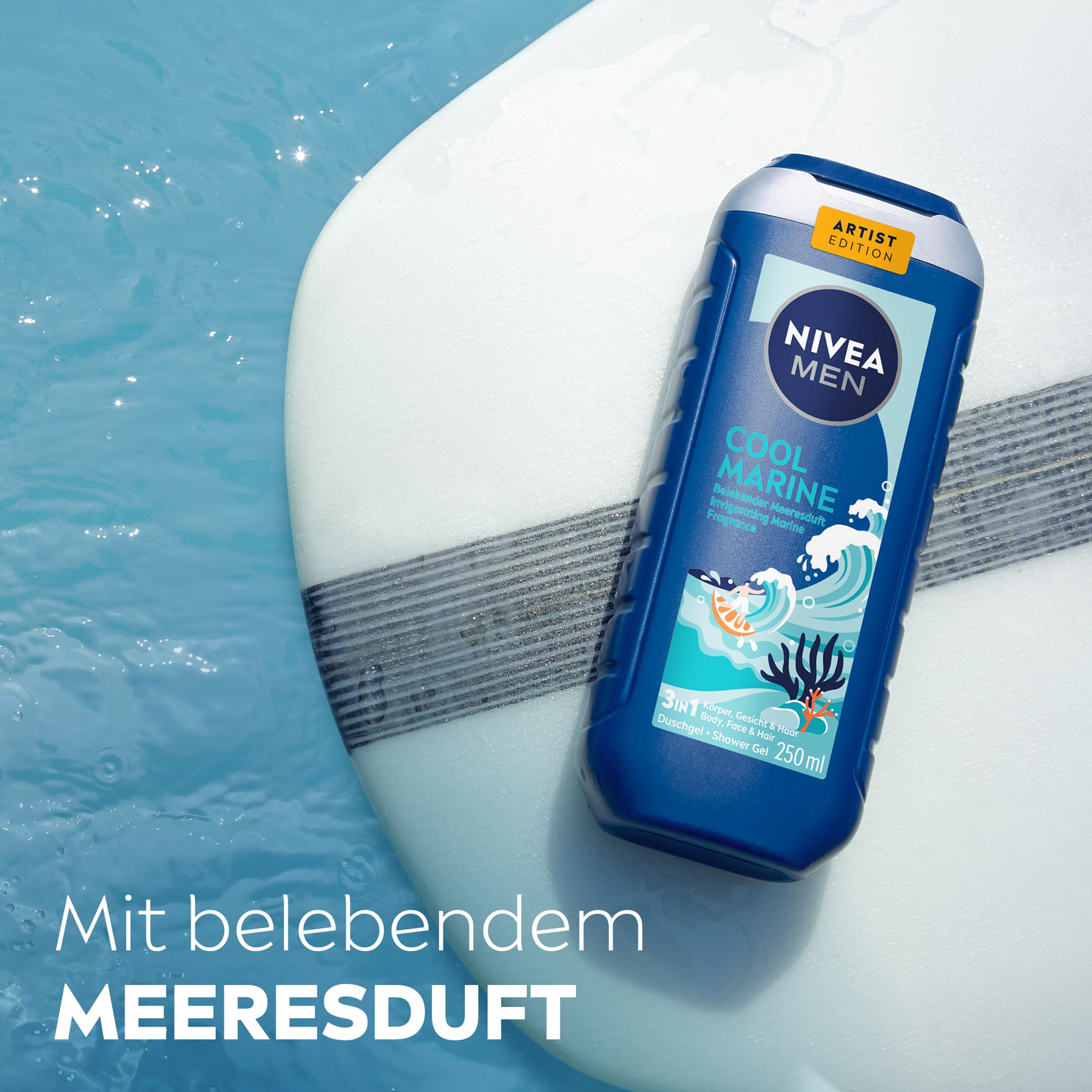 NIVEA MEN Cool Marine Artist Edition Duschgel, erfrischende Pflegedusche mit belebenden Meeresduft, 3in1 Duschgel für Körper, Gesicht und Haare (250 ml) 4