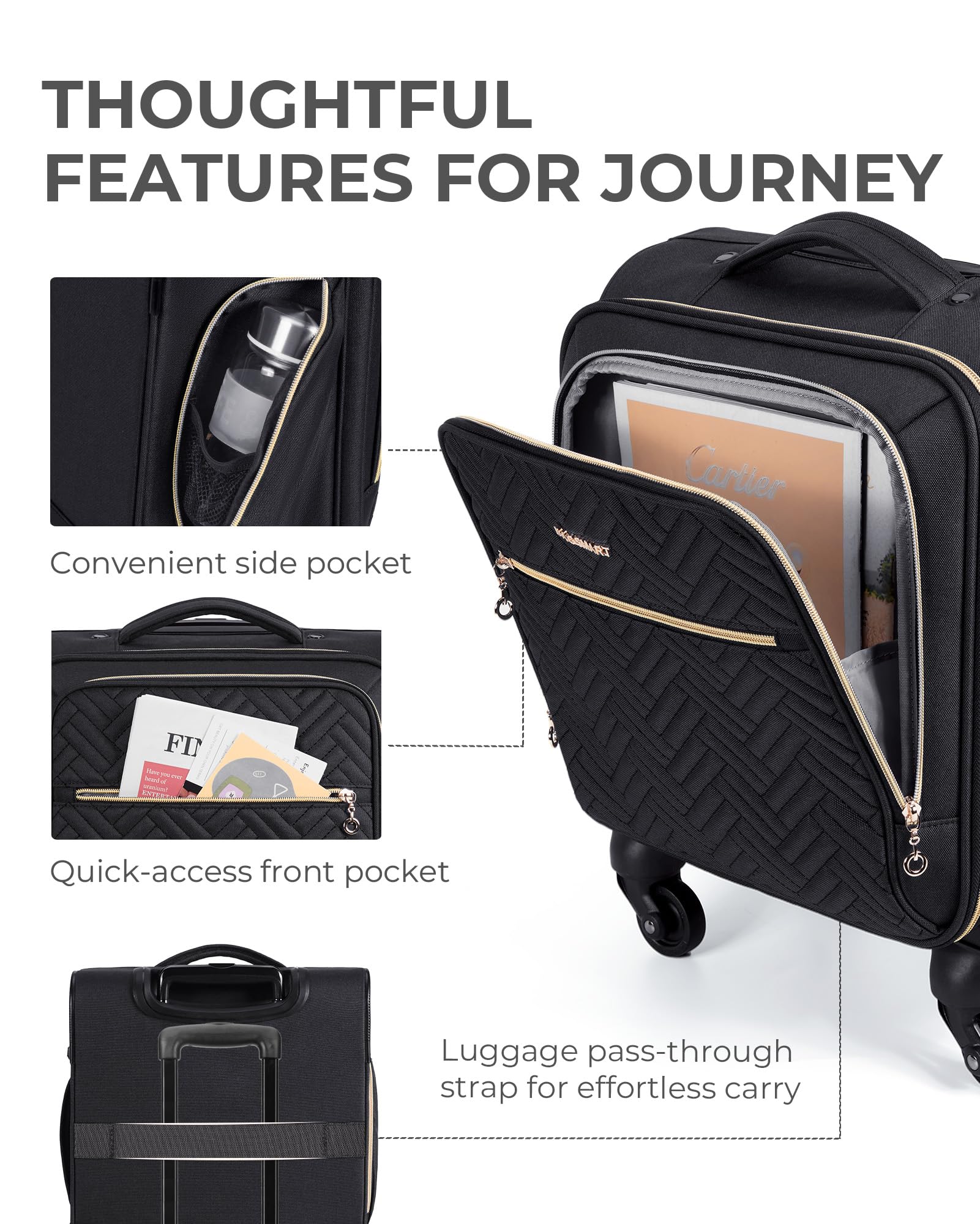BAGSMART Underseat Carry On luggage Airline approved, 16-inch Softside Underseater Travel Suitcase with Spinner Wheels Lightweight Overnight Bag Small Rolling Carry-on for Women Men Weekender,Black