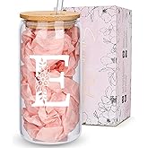 Personalized Gifts for Women, Monogrammed Glass Cups with Lids and Straws, Custom Tumbler, Cute Customized Mug, Aesthetic Stuff, Initial Iced Coffee Cup, Drinking Glasses, Birthday Teacher Gifts, E