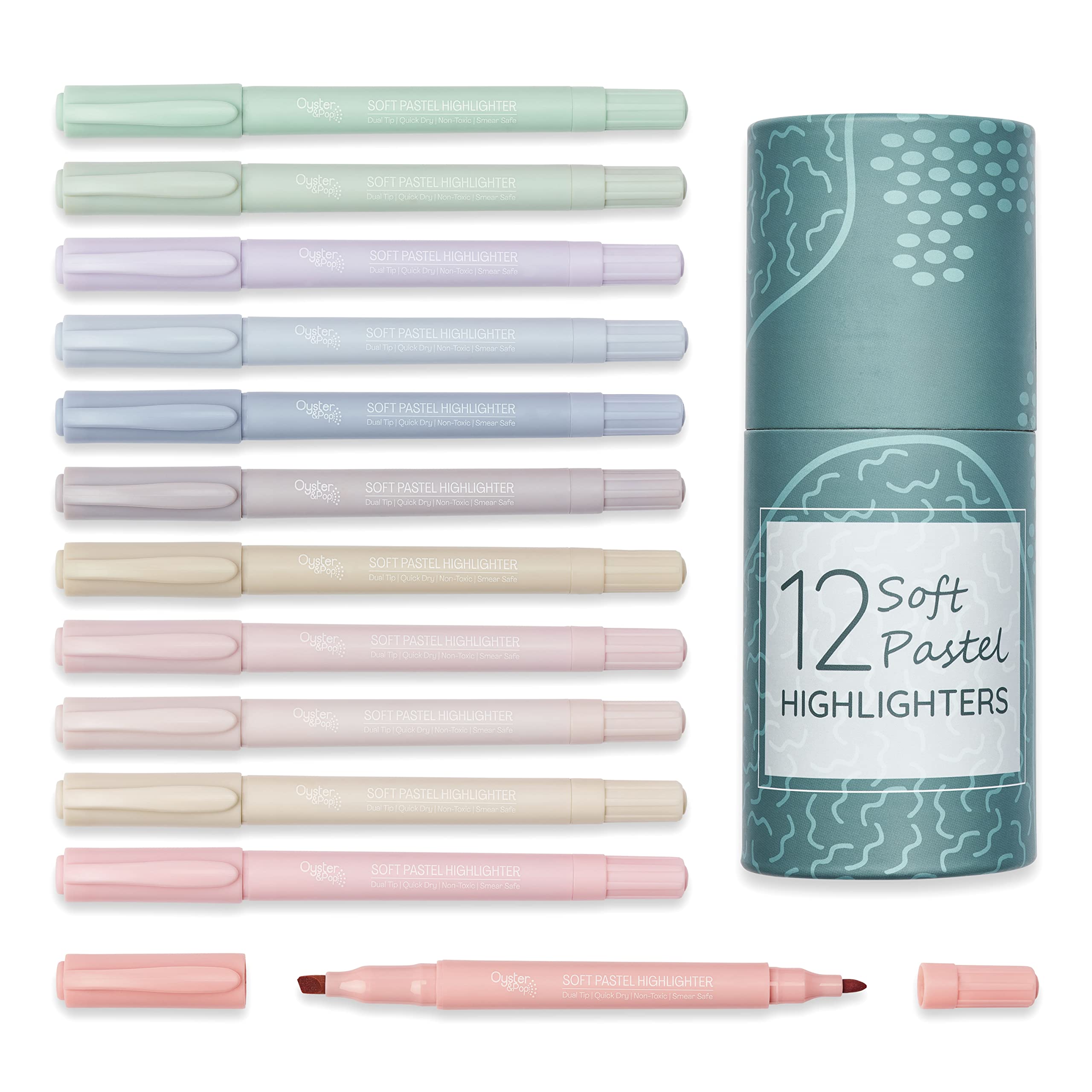 Oyster&Pop 12pcs Dual Tip No Bleed Pastel Highlighters | Aesthetic Muted Book & Bible Annotation Supplies | Cute Markers for Planners & Journaling | Assorted Neutral Tones | Giftable Pen Pot